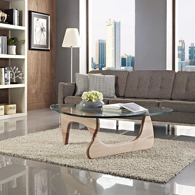 Noguchi Table Triangle Glass Coffee Table Vintage Glass End Table, Solid Wood Base & Triangle Clear Glass Top Modern End Table for Living Room, Patio, Study