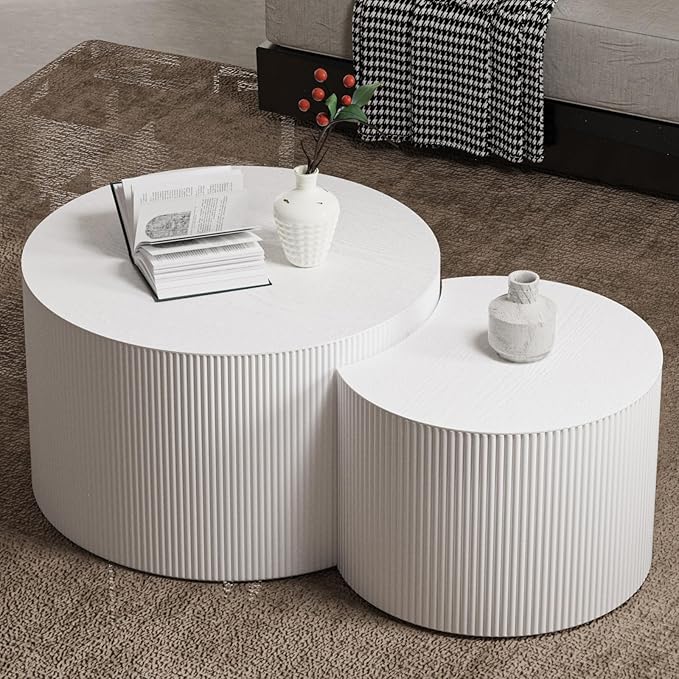 Round Nesting Coffee Table Set of 2, Round Fluted Coffee Tables for Living Room Modern Nesting End Side Tables for Small Spaces (C White)