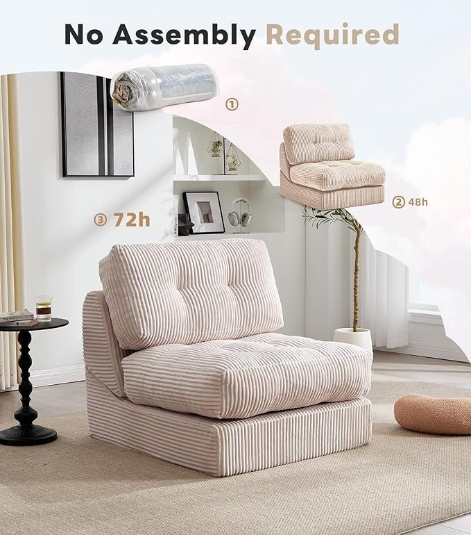 Tbfit Folding Sofa Bed, Convertible Sleeper Chair with Large Pillow, Corduroy Folding Couch Bed, Portable & Foldable Mattress Boneless Floor Sofa for Living Room, Bedroom, Office, Khaki, Single