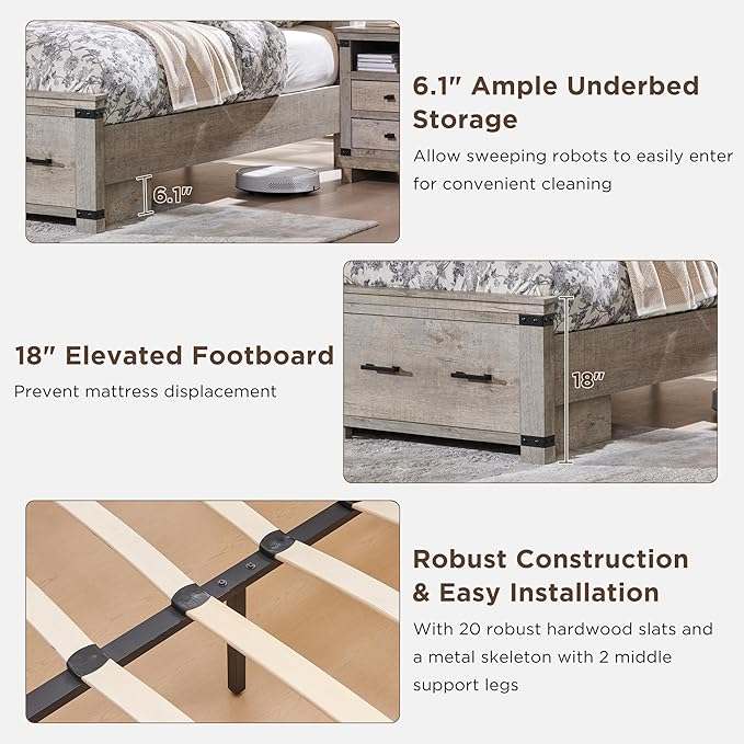 RedLemon Farmhouse Queen Size Bed Frame w/ 54" Tall Geometric Headboard, Rustic Wood Platform Bed w/ 2 Large Storage Drawers, Wood Slats Support, Noise Free, No Box Spring Needed, Light Rustic Oak