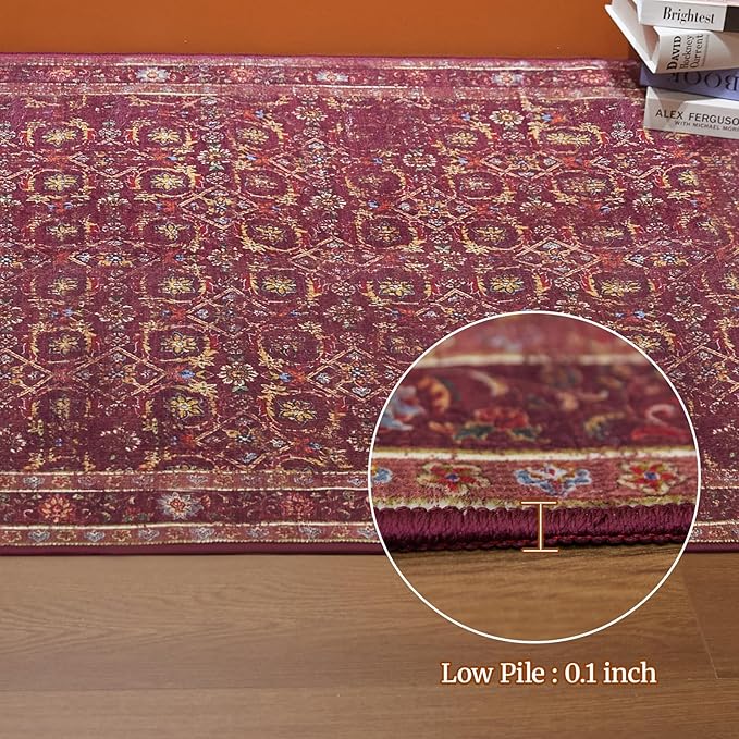 6x9 Soft Washable Area Rugs for Living Room and Bedroom, Non-Slip Stain Resistant Indoor Carpet, Cozy Floor Mat for Dining Room, Office, Under TableStain Resistant Persian red Floral