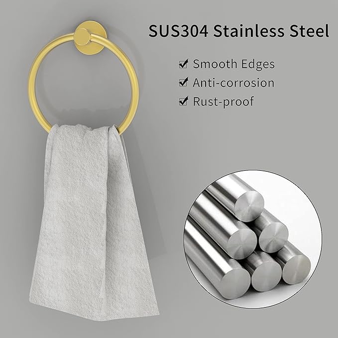 Gold Hand Towel Holder for Bathroom Kitchen Towel Ring Modern Rounded Base Wall Mount SUS304 Stainless Steel