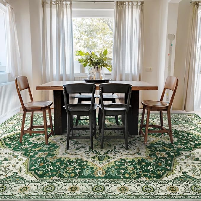 Area Rugs for Living Room 8x10 - Large Machine Washable Vintage Oriental Soft Rugs, Low Pile Thin Floor Carpet with Non Slip Backing for Bedroom, Dorm, Under Dining Room Table, Indoor House, Office