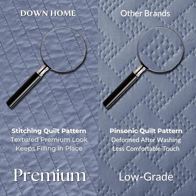 DOWN HOME Twin Quilt Bedding Set with Sham, Vintage Washed Soft Quilted Blanket Thin Comforter Lightweight Bedspread Coverlet Bed Cover, Brushed Microfiber Stripe Stitching, Vintage Denim, 66"x92"