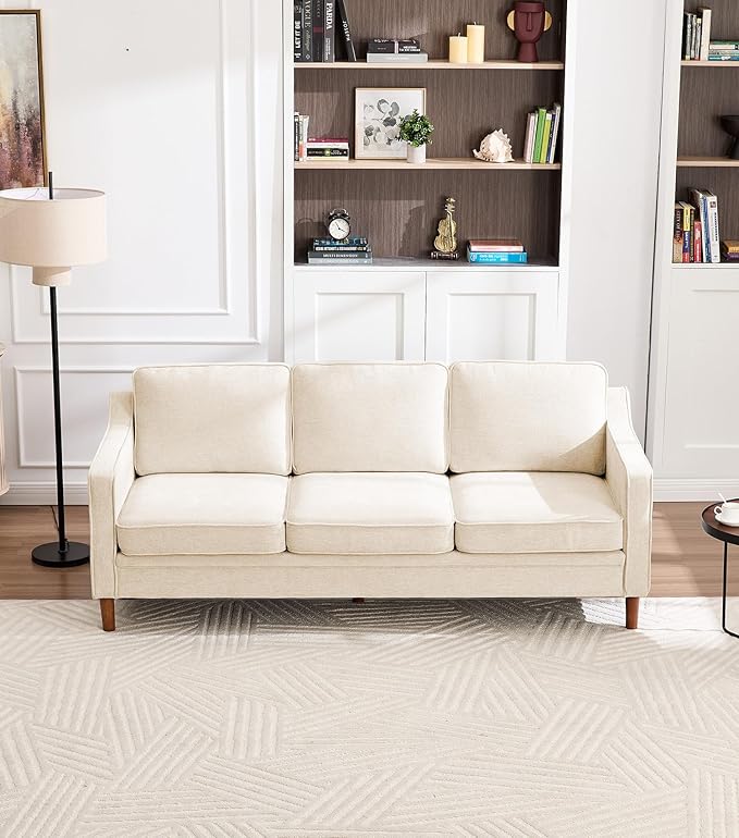 Kingfun 80" Chenille Sofa, 3 Seater Couch, Mid Century Modern Couches with Solid Wood Frame for Living Room & Bedroom, Beige