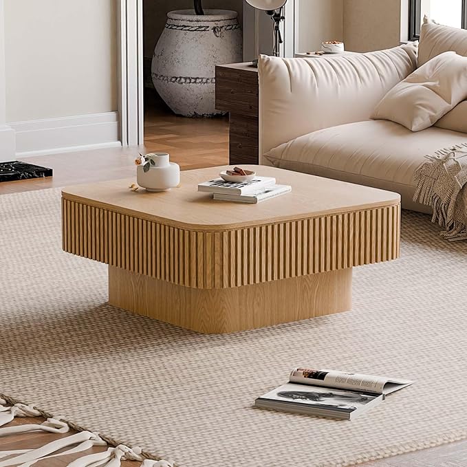 31.5'' Small Square Coffee Table with Storage, Fluted Coffee Table with Solid Wood Veneered, Mid Century Modern Wooden Center Table, Accent Tea Table for Small Space Living Room Apartment, Natural