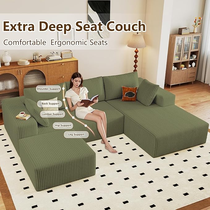 96" U-Shape Cloud Couch, Modern Modular Sectional L-Shape Sofa with Ottoman, Corduroy Upholstered Couches Deep Seat Sleeper Chaise Longue for Living Room, No Assembly Required(Green, Right Facing)