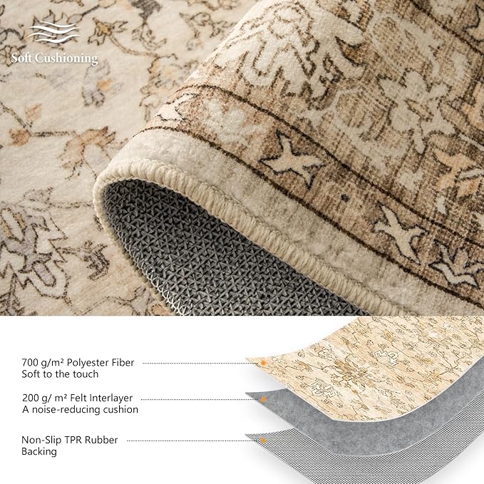 Natural Beige Area Rugs 5x7 Indoor Vintage Trellis Living Room Rug Washable Low Pile Soft Faux Fur Non Slip Sound Absorbing Tan Boho Floral Carpet Rugs for Bedroom Office Patio Dining Room Bathroom