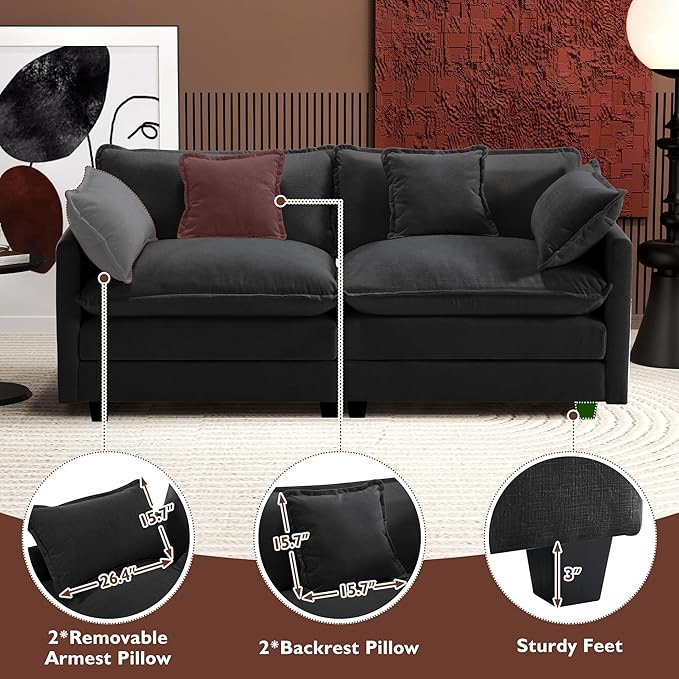 Ihanherry Cloud Sofa 77 Inch Loveseat, Modern Sectional Couch, 2-Seats Sofa for Living Room Bedroom and Apartment, Comfy Double Layer Upholstered Seat Cushion, Breathable Chenille Fabric, Black