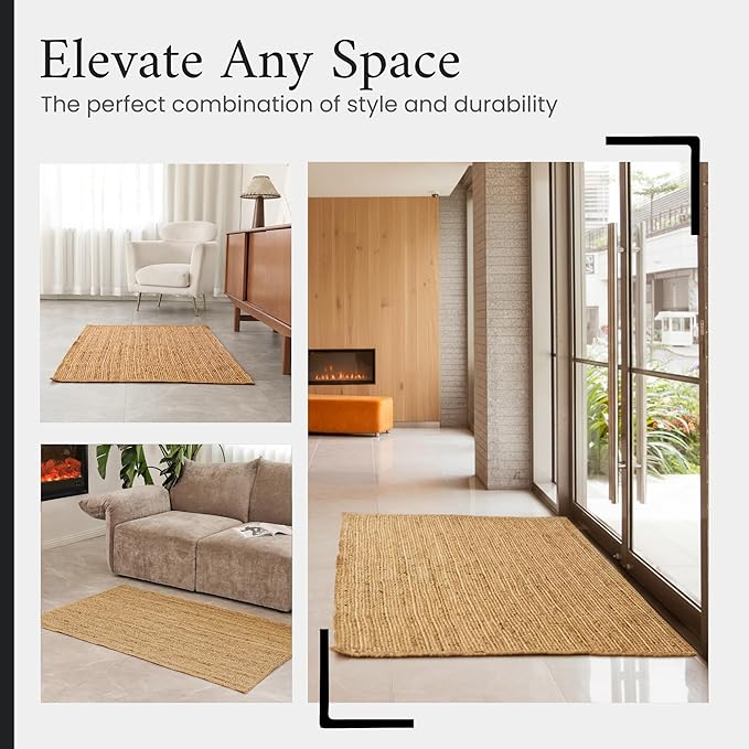 Jute Area Rug 3x5 Natural Jute Rug with Non-Slip Backing, Low-Profile Farmhouse Rug for Living Room, Bedroom or Entry – Eco-Friendly Boho Decor, Non-Shed for High-Traffic Door Mat