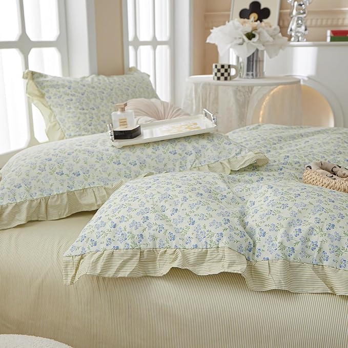 EAVD French Style Garden Floral Ruffled Comforter Set King White Fluffy Soft Microfiber Chic Blue Floral Bedding Set with 2 Pillowcases Fresh Botanical Comforter Set for All-Season