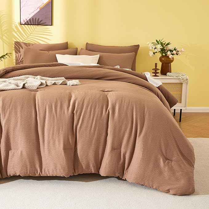 Queen Comforter Set, Double-Layer Crinkle Gauze Cocoa Brown Bed Set, 3 Pieces Soft Bedding for All-Season, Lightweight Warmth with 2 Pillowcases