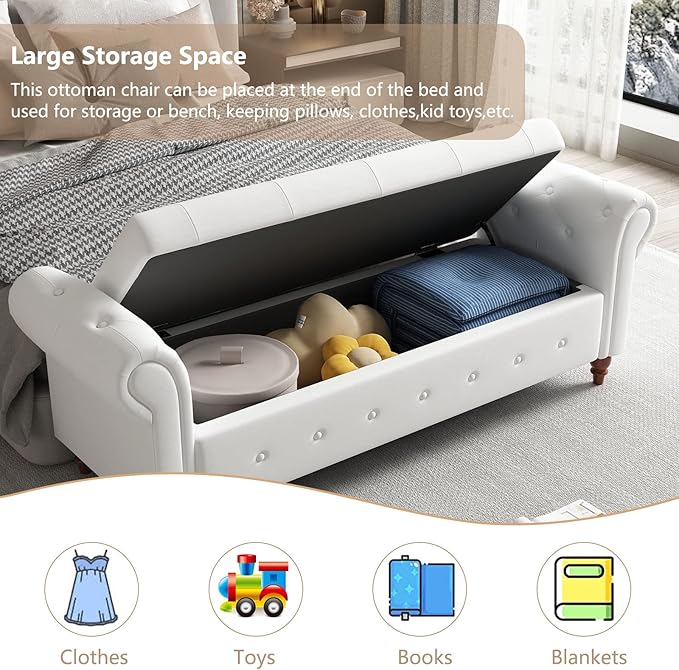 GNIXUU 63" End of Bed Storage Bench for Bedroom, Upholstered Ottoman Seat with Storage for Living Room, Window, Entryway, Cream White Velvet