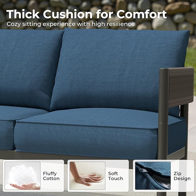 Grand patio 6-Piece Wicker Outdoor Furniture Set with 3-Seat Couch, Thick Cushions and Coffee Table, Patio Sofa Conversation Set for Backyard, Garden, Peacock Blue