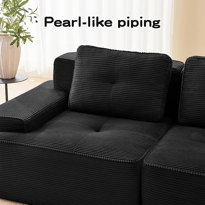 80" Modern Corduroy Boneless Love Seat Couches with 2 Ottomans, 2 Seater Large Sectional Couches for Living Room, Black Cloud Modular Sectional Sofa, Memory Foam, Extra Deep Loveseat, No Assembly