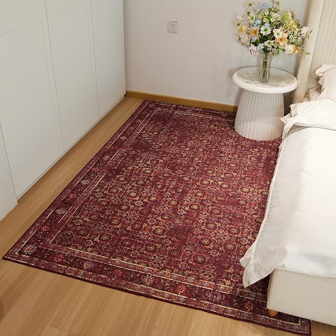 6x9 Soft Washable Area Rugs for Living Room and Bedroom, Non-Slip Stain Resistant Indoor Carpet, Cozy Floor Mat for Dining Room, Office, Under TableStain Resistant Persian red Floral