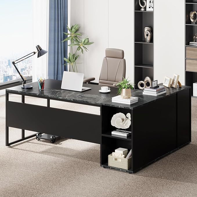 LITTLE TREE Large Executive Desk with File Cabinet, 71 inch L Shaped Computer Desk Office Desk with Drawers and Storage Shelves, Business Furniture Desk Workstation for Home Office, Black