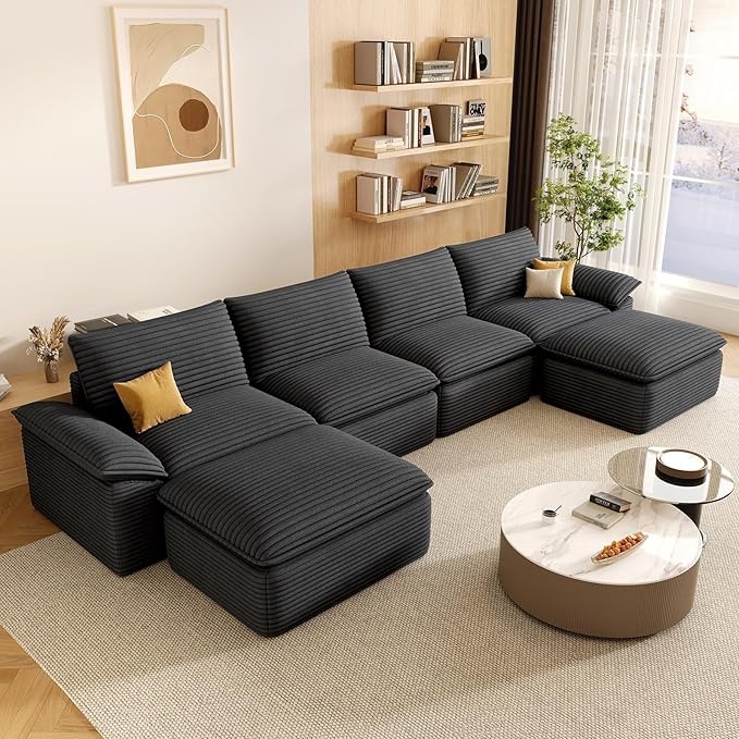 142" Cloud Sectional Couch with U-Shaped Chaise, Corduroy Sectional Sofa with Ottoman, Boneless Couch with Deep Seat in a Box for Living Room, No Assembly Required (Dark Grey)