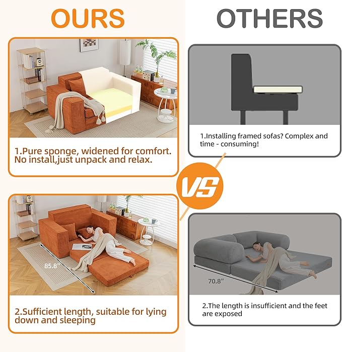 HOMREST 63" Convertible Memory Foam 3-seat Sofa, Pull Out Sleeper Sofa Bed, 2 in 1 Folding Couch Bed, Fold Out Floor Couch Corduroy Fabric with 2 Pillows for Living Room Bedroom Lounge (Brown)