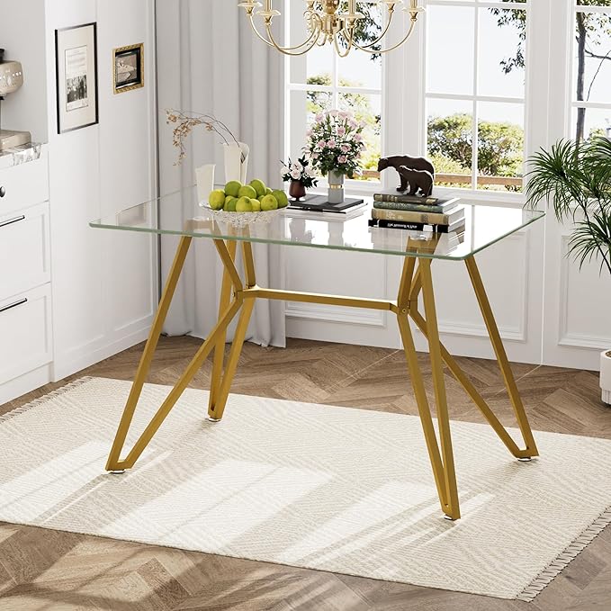 47.3" Glass Dining Table Modern Kitchen Table for 4 People Rectangular Dining Room Dinner Tables with Clear Glass Top & Gold Metal Legs for Kitchen Apartment