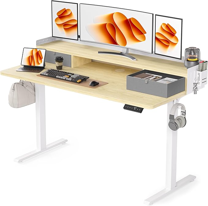 55x24 Inches Electric Standing Desk with 2 Drawers, Height Adjustable Stand up Desk for Home Office, Ergonomic Sit to Stand Table with Storage Shelf, DIY Board, Hooks, Oak