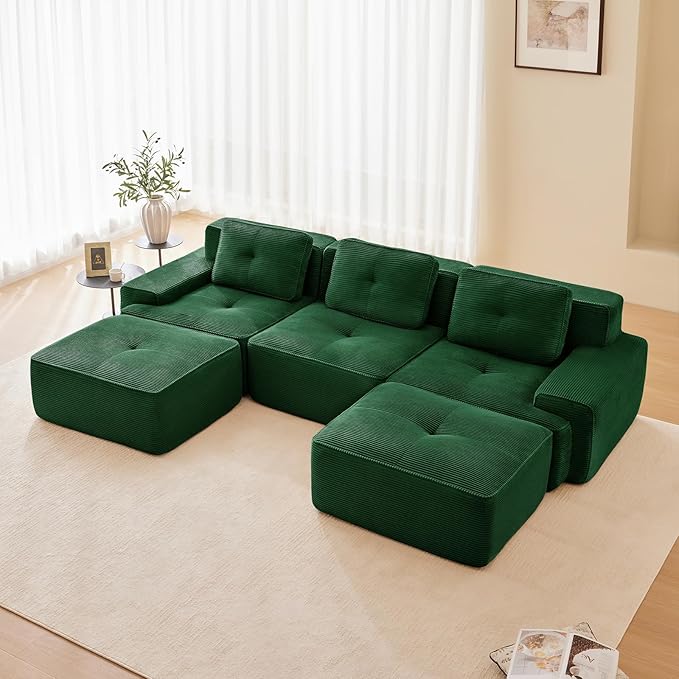Green Ottoman for Modular Sectional Sofa, Corduroy Deep Seat for Oversized Compressed Boneless Sectional Couches for Living Room Bedroom Apartment, Cloud Sofa Couch Set, Memory Foam, No Assembly