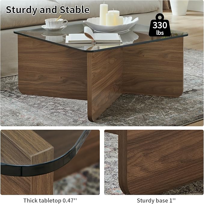 LKTART 31.5" Glass Coffee Table, MDF Mid-Century Modern Square Coffee Table with Tempered Glass Top, Square Center Tables for Small Space Living Room Office Apartment, Walnut