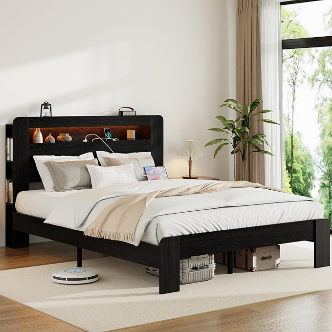 Wood King Size Bed Frame with Headboard, Farmhouse Platform Bed Frame with Bookcase Shelf,LED Lights,Charging Station,Heavy Duty Supports,No Box Spring Needed,Dark Black