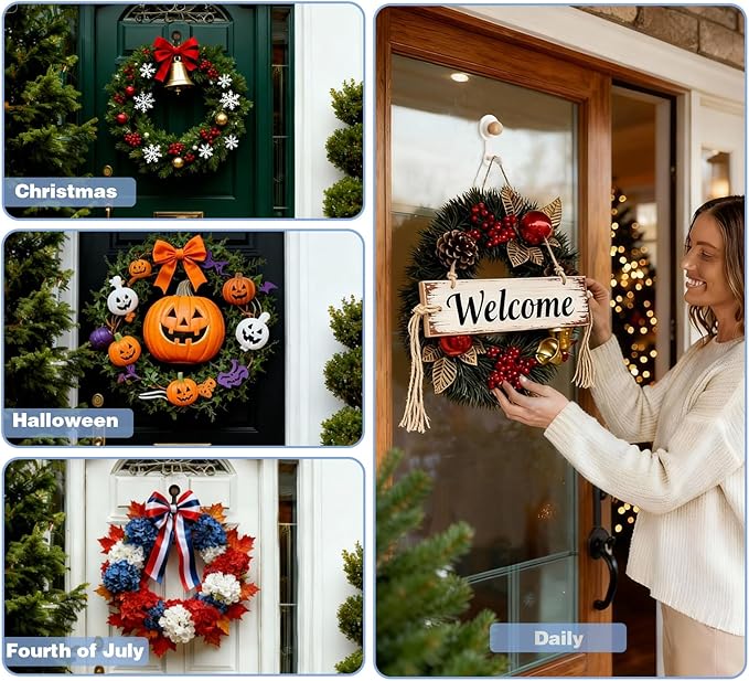 Wreath Hangers for Front Door,Suction Cup Hooks for Shower,Removable No-drill Suction Cup Hook for Door Wreaths/Glass Window/kitchen,Ideal for Holiday/Christmas Door Decoration(2 pcs-4 suction cups)