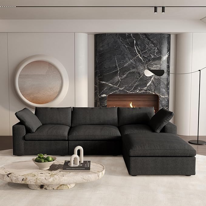 Cloud Modular Sectional Sofa with Storage Ottoman,120.45" L Shaped Couch for Living Room,Down Filled Convertible Couch Deep Seat for Office Apartment,Covers Washable&Replaceable (Black)