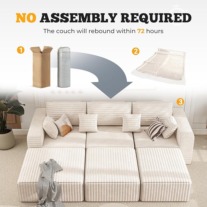 113" Modular Sectional Sofa Bed, Convertible Cloud Couches for Living Room with Ottoman, 6 Seater Corduroy Boneless Couch Sleeper Sofa Set, No Assembly Required, Beige 1 PCS