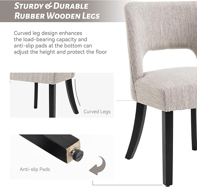 VKNOW Wooden Dining Chairs Set of 2, Modern Fabric Upholstered Dining Room Chair Kitchen Chairs, Farmhouse Dinner Chair for Kitchen Dining Room, Grey-Black Legs
