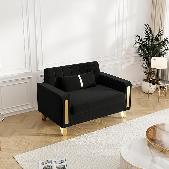 Couch 85.62" 3 Seats Sectional Velvet Fabric Sofa Easy Assemble Sofa Bed with 2 Couch Pillows,Gold Metal Legs for Living Room (P17, Black（3+1）)