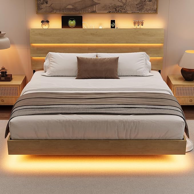 King Size Bed Frame with LED Headboard, Floating Bed Frame with Charging Station USB and V-Shaped Support, No Box Spring Needed, Noise Free, Easy Assembly, Oak