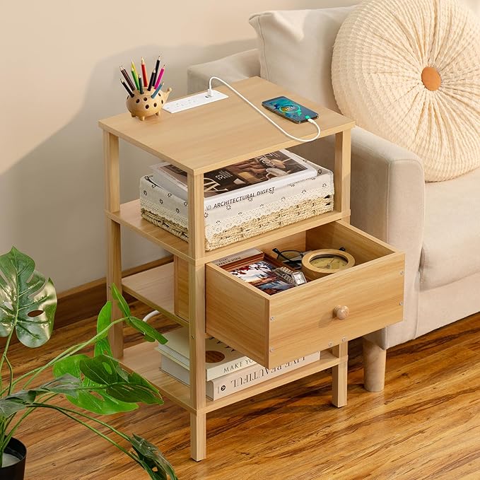 Lerliuo Nightstand with Charging Station and USB Ports, 3-Tier Storage End Table with Drawer Shelf, Night Stand for Small Spaces, Wood Bedside Table for Living Room, Bedroom - Natural Wood