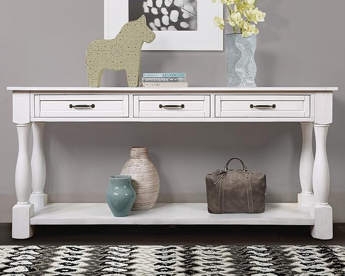 LKTART Solid Wood Console Table for Entryway,Long Sofa Table with 3 Drawers for Hallway,Foyer,Entry,Easy Assembled (63" Antique White)