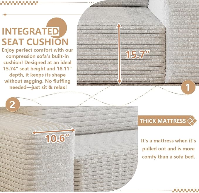 Cloud Loveseat Sofa, Modern Corduroy 2-Seater Couch with Deep Seat, No Assembly Required Memory Foam Sofa, Boneless Sofa in a Box for Bedroom, Apartment, Office,Small Space (White,70.8in)