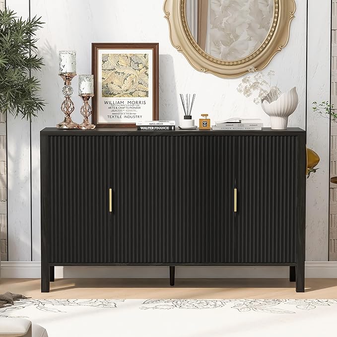 57.5'' Modern Console Table Sofa Table with Storage Racks & Side Hooks, Accent Stripe 4-Door Buffet Sideboard Serving Storage Cabinet with Adjustable Shelves for Living Room Kitchen (Black-NEW)