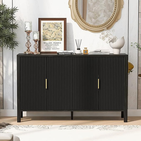 57.5'' Modern Console Table Sofa Table with Storage Racks & Side Hooks, Accent Stripe 4-Door Buffet Sideboard Serving Storage Cabinet with Adjustable Shelves for Living Room Kitchen (Black-NEW)