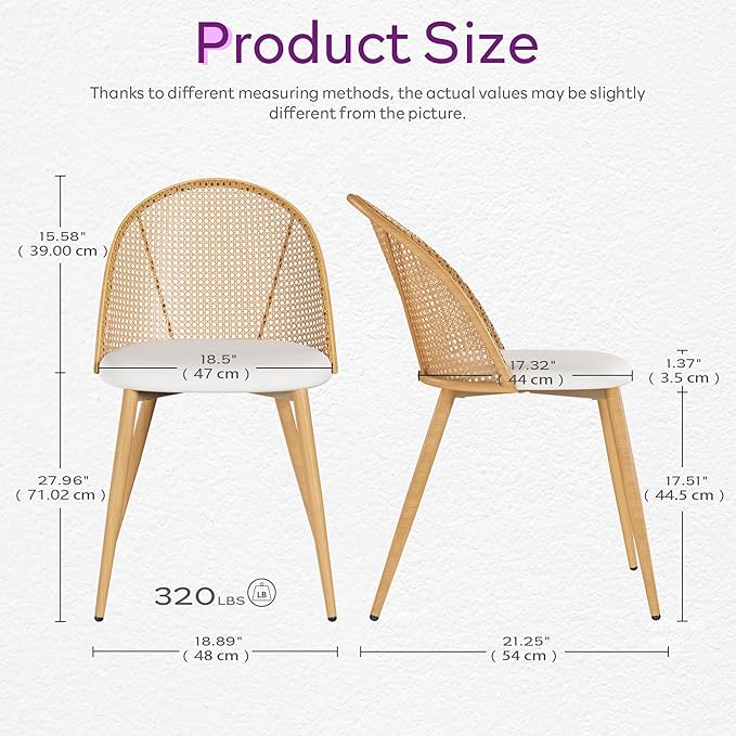 TYBOATLE Rattan Dinner Chairs Set of 2 with Faux Leather Cushion, Modern Dining Room Chairs w/Adjustable Foot Pads, Kitchen Boho Mid Century Upholstered, White
