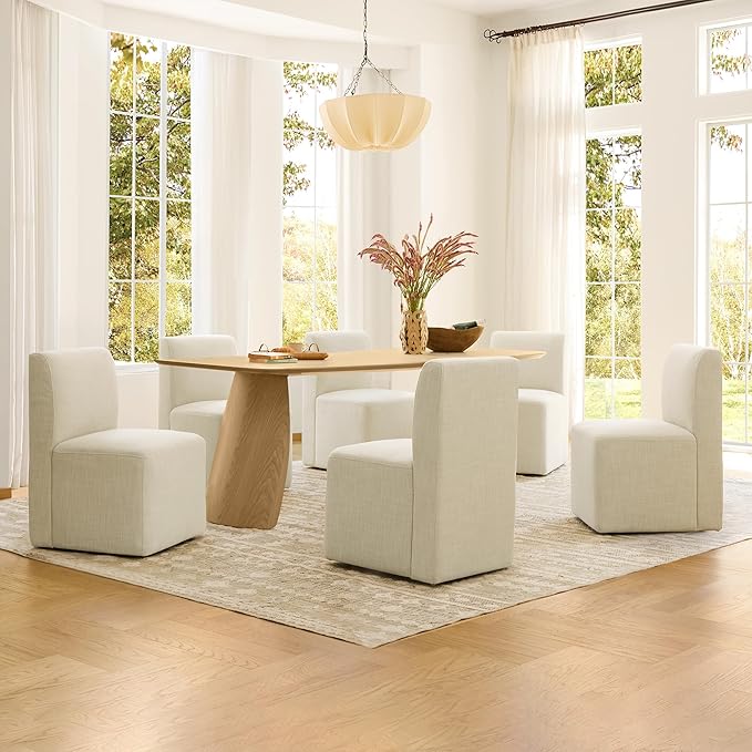 CHITA Dining Chairs with Casters Set of 4, FSC Certified Upholstered Armless Modern Rolling Dining Chairs with Rollers for Bedroom Reading Room Living Room, Linen