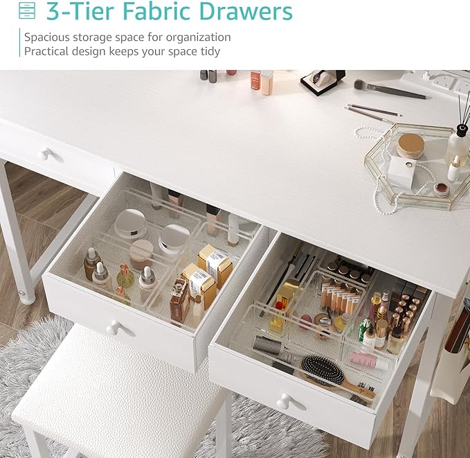 Lufeiya White Makeup Vanity Desk with Mirror and Lights, 40 inch Make Up Vanity Desks with Fabric Drawers & Power Outlet, Dressing Table and Chair Set for Girls Bedroom, White