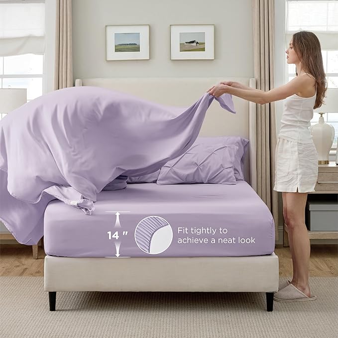 Bedsure Twin Comforter Set Light Purple - Bed in a Bag Twin Size Bedding 5 Pieces, GentleSoft™ Pintuck Bed Set Gift for Family, Pinch Pleat Light Purple Comforter with Sheets, Pillowcase & Sham