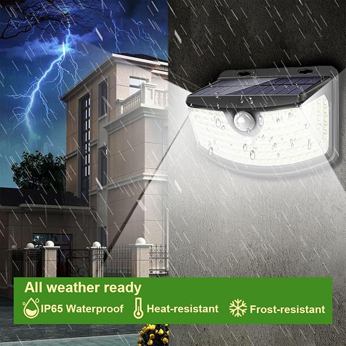 Aootek New Solar Motion Sensor Lights 120 LEDs with Lights Reflector,270° Wide Angle, IP65 Waterproof, Step Lights for Front Door, Yard, Garage, Deck (Black, Daylight White, 2-Pack)