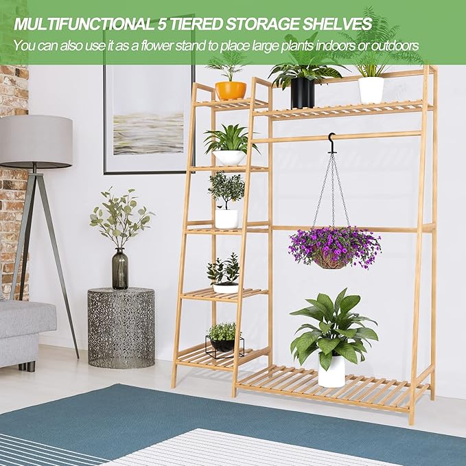 RELIANCER Bamboo Clothing Garment Rack,Free Standing Clothes Coat Hanger,Closet Organizer w/Shoe Rack,Multi-tiered Wardrobe Storage Shelves,Clothes Hanging Racks for Hall,Living Room,Bedroom,Entryway