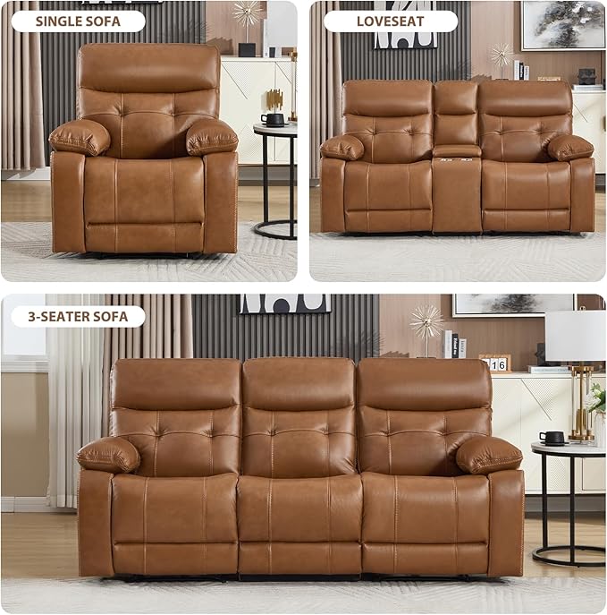 CANMOV Genuine Leather Power Recliner Sofa,3 Seater Reclining Sofa with Comfortable Arms and Back,Modern Electric Recliner Couch Set with Hidden Cup Holders,USB Port for Living Room,Brown