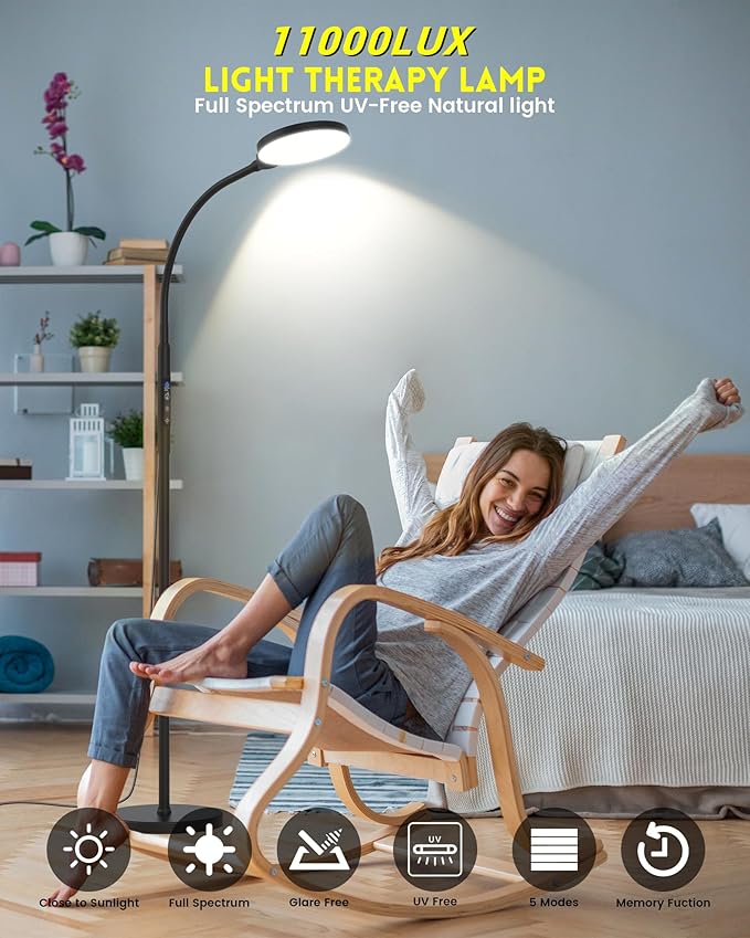 Light Therapy Lamp 11000 Lux, Full Spectrum LED UV-Free Sunlight Lamp with 10 Adjustable Brightness & 5 Color Temperatures, 3 in 1 Light Therapy Floor Lamp for Home Office, Black