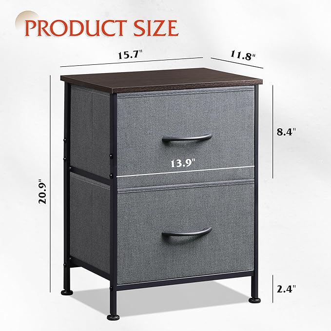 WLIVE Night Stand Set 2, Dresser and Nightstand Sets, Small Dresser for Bedroom with 2 Drawers, End Table with Fabric Bins for Closet, Bedside Furniture, College Dorm, Dark Grey