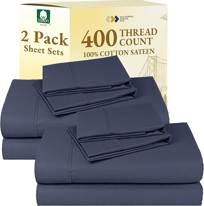 2-Pack Sheets Full Size Bed - 400 Thread Count 100% Cotton Sateen - Extra Soft, Breathable & Cooling Sheets, Wrinkle Resistant, 2 Sets of Deep Pocket Bed Sheets - Indigo Dusty Blue