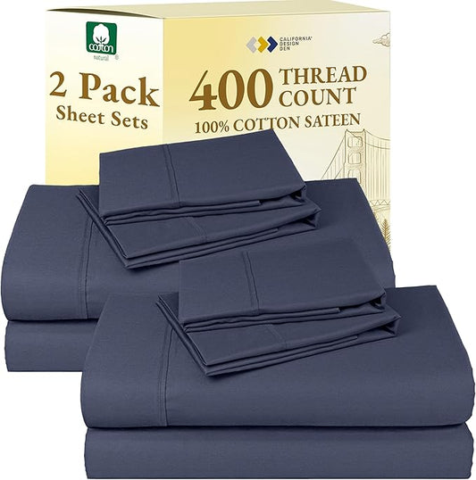 2-Pack Sheets Full Size Bed - 400 Thread Count 100% Cotton Sateen - Extra Soft, Breathable & Cooling Sheets, Wrinkle Resistant, 2 Sets of Deep Pocket Bed Sheets - Indigo Dusty Blue